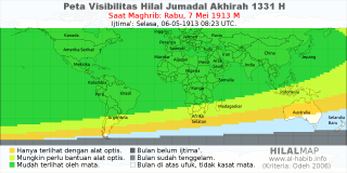 HilalMap: Peta Visibilitas Hilal Jumadal-Akhirah 1331 H: rukyat tanggal 1913-5-7 M