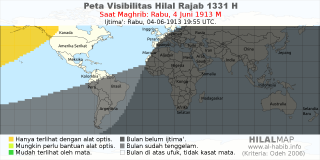 HilalMap: Peta Visibilitas Hilal Rajab 1331 H: rukyat tanggal 1913-6-4 M