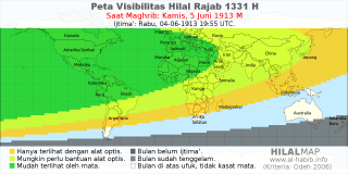 HilalMap: Peta Visibilitas Hilal Rajab 1331 H: rukyat tanggal 1913-6-5 M