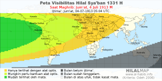 HilalMap: Peta Visibilitas Hilal Syaban 1331 H: rukyat tanggal 1913-7-4 M