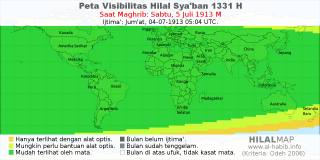 HilalMap: Peta Visibilitas Hilal Syaban 1331 H: rukyat tanggal 1913-7-5 M