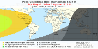HilalMap: Peta Visibilitas Hilal Ramadhan 1331 H: rukyat tanggal 1913-8-2 M