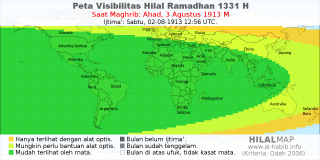 HilalMap: Peta Visibilitas Hilal Ramadhan 1331 H: rukyat tanggal 1913-8-3 M