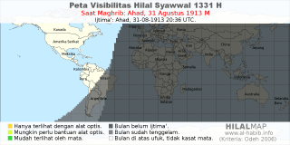 HilalMap: Peta Visibilitas Hilal Syawwal 1331 H: rukyat tanggal 1913-8-31 M