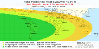 HilalMap: Peta Visibilitas Hilal Syawwal 1331 H: rukyat tanggal 1913-9-1 M
