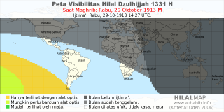 HilalMap: Peta Visibilitas Hilal Dzulhijjah 1331 H: rukyat tanggal 1913-10-29 M