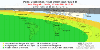 HilalMap: Peta Visibilitas Hilal Dzulhijjah 1331 H: rukyat tanggal 1913-10-30 M