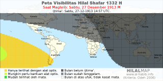 HilalMap: Peta Visibilitas Hilal Shafar 1332 H: rukyat tanggal 1913-12-27 M