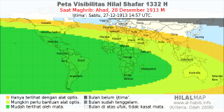 HilalMap: Peta Visibilitas Hilal Shafar 1332 H: rukyat tanggal 1913-12-28 M