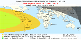 HilalMap: Peta Visibilitas Hilal Rabiul-Awwal 1332 H: rukyat tanggal 1914-1-26 M