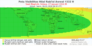 HilalMap: Peta Visibilitas Hilal Rabiul-Awwal 1332 H: rukyat tanggal 1914-1-27 M