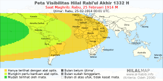 HilalMap: Peta Visibilitas Hilal Rabiul-Akhir 1332 H: rukyat tanggal 1914-2-25 M
