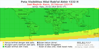 HilalMap: Peta Visibilitas Hilal Rabiul-Akhir 1332 H: rukyat tanggal 1914-2-26 M