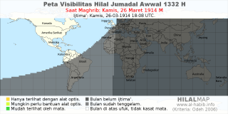 HilalMap: Peta Visibilitas Hilal Jumadal-Awwal 1332 H: rukyat tanggal 1914-3-26 M