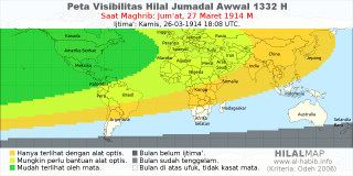 HilalMap: Peta Visibilitas Hilal Jumadal-Awwal 1332 H: rukyat tanggal 1914-3-27 M