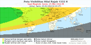 HilalMap: Peta Visibilitas Hilal Rajab 1332 H: rukyat tanggal 1914-5-25 M