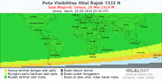 HilalMap: Peta Visibilitas Hilal Rajab 1332 H: rukyat tanggal 1914-5-26 M
