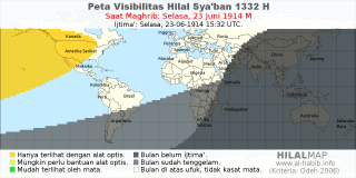 HilalMap: Peta Visibilitas Hilal Syaban 1332 H: rukyat tanggal 1914-6-23 M