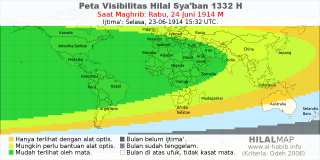 HilalMap: Peta Visibilitas Hilal Syaban 1332 H: rukyat tanggal 1914-6-24 M