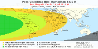 HilalMap: Peta Visibilitas Hilal Ramadhan 1332 H: rukyat tanggal 1914-7-23 M
