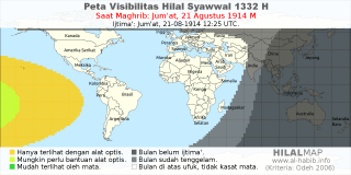 HilalMap: Peta Visibilitas Hilal Syawwal 1332 H: rukyat tanggal 1914-8-21 M