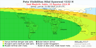 HilalMap: Peta Visibilitas Hilal Syawwal 1332 H: rukyat tanggal 1914-8-22 M