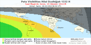 HilalMap: Peta Visibilitas Hilal Dzulhijjah 1332 H: rukyat tanggal 1914-10-19 M