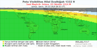 HilalMap: Peta Visibilitas Hilal Dzulhijjah 1332 H: rukyat tanggal 1914-10-20 M