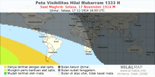 HilalMap: Peta Visibilitas Hilal Muharram 1333 H: rukyat tanggal 1914-11-17 M