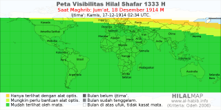 HilalMap: Peta Visibilitas Hilal Shafar 1333 H: rukyat tanggal 1914-12-18 M