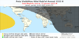 HilalMap: Peta Visibilitas Hilal Rabiul-Awwal 1333 H: rukyat tanggal 1915-1-15 M