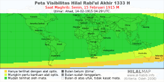 HilalMap: Peta Visibilitas Hilal Rabiul-Akhir 1333 H: rukyat tanggal 1915-2-15 M