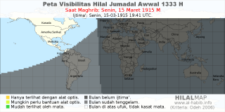 HilalMap: Peta Visibilitas Hilal Jumadal-Awwal 1333 H: rukyat tanggal 1915-3-15 M