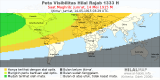 HilalMap: Peta Visibilitas Hilal Rajab 1333 H: rukyat tanggal 1915-5-14 M