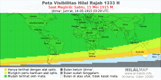 HilalMap: Peta Visibilitas Hilal Rajab 1333 H: rukyat tanggal 1915-5-15 M