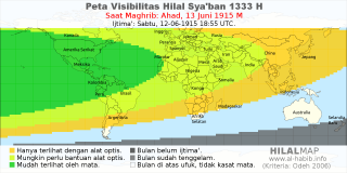 HilalMap: Peta Visibilitas Hilal Syaban 1333 H: rukyat tanggal 1915-6-13 M