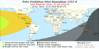 HilalMap: Peta Visibilitas Hilal Ramadhan 1333 H: rukyat tanggal 1915-7-12 M