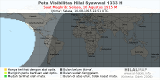 HilalMap: Peta Visibilitas Hilal Syawwal 1333 H: rukyat tanggal 1915-8-10 M