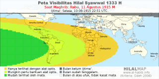 HilalMap: Peta Visibilitas Hilal Syawwal 1333 H: rukyat tanggal 1915-8-11 M