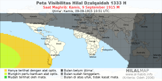 HilalMap: Peta Visibilitas Hilal Dzulqaidah 1333 H: rukyat tanggal 1915-9-9 M