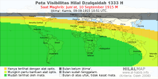 HilalMap: Peta Visibilitas Hilal Dzulqaidah 1333 H: rukyat tanggal 1915-9-10 M