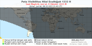 HilalMap: Peta Visibilitas Hilal Dzulhijjah 1333 H: rukyat tanggal 1915-10-8 M