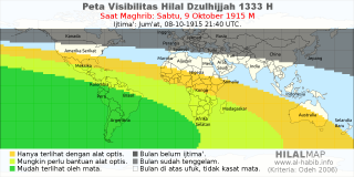 HilalMap: Peta Visibilitas Hilal Dzulhijjah 1333 H: rukyat tanggal 1915-10-9 M