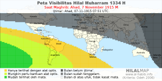 HilalMap: Peta Visibilitas Hilal Muharram 1334 H: rukyat tanggal 1915-11-7 M