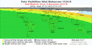 HilalMap: Peta Visibilitas Hilal Muharram 1334 H: rukyat tanggal 1915-11-8 M