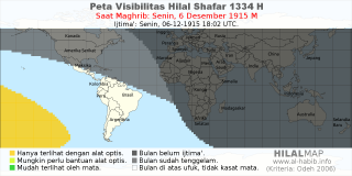 HilalMap: Peta Visibilitas Hilal Shafar 1334 H: rukyat tanggal 1915-12-6 M