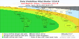 HilalMap: Peta Visibilitas Hilal Shafar 1334 H: rukyat tanggal 1915-12-7 M