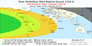 HilalMap: Peta Visibilitas Hilal Rabiul-Awwal 1334 H: rukyat tanggal 1916-1-5 M