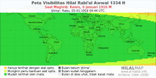 HilalMap: Peta Visibilitas Hilal Rabiul-Awwal 1334 H: rukyat tanggal 1916-1-6 M