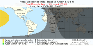 HilalMap: Peta Visibilitas Hilal Rabiul-Akhir 1334 H: rukyat tanggal 1916-2-3 M